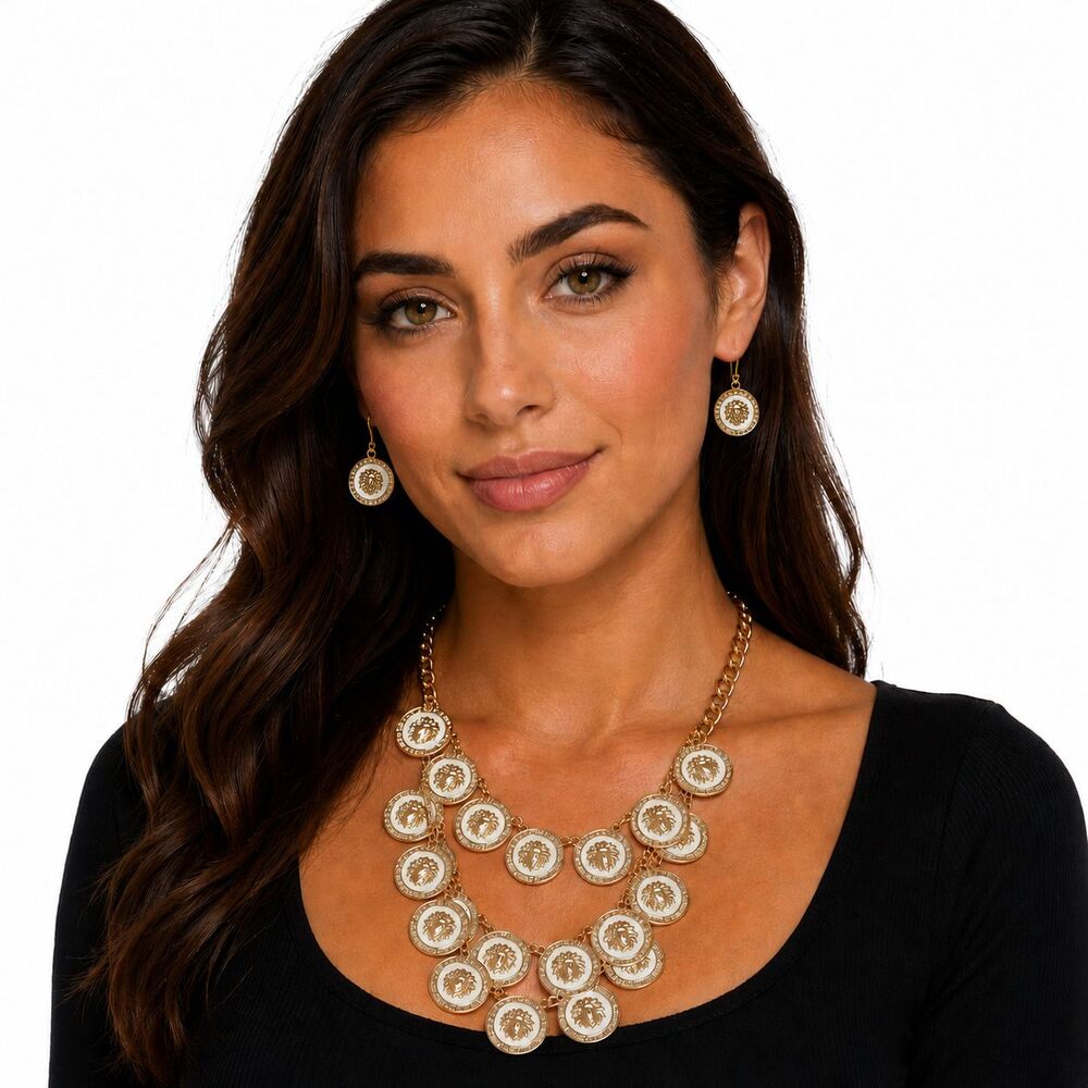 Triple Layer Gold Plated White Lion Head Jewelry Necklace Set Cuban Chain NEW